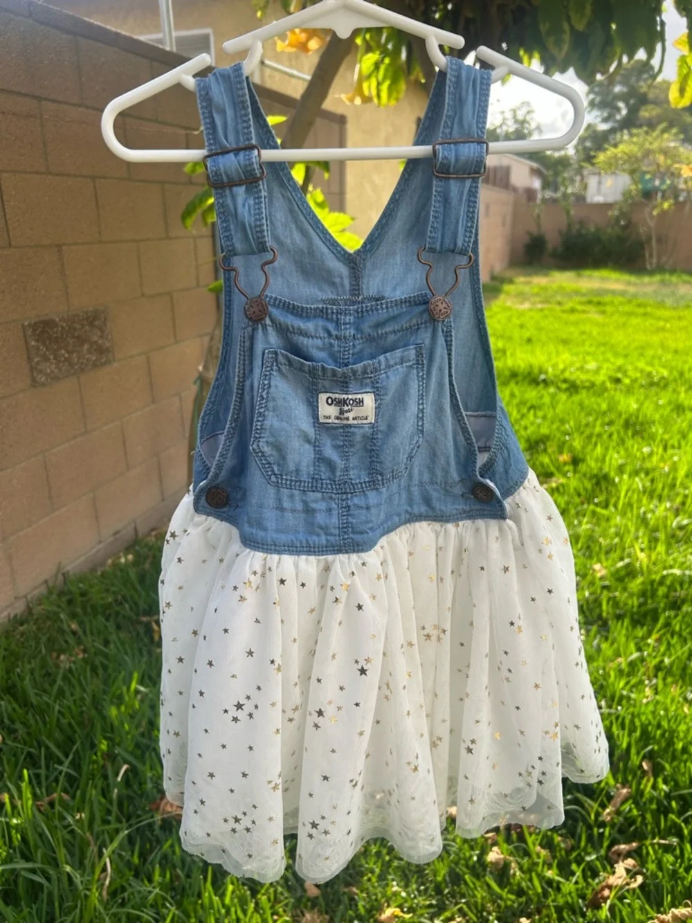 OshKosh B'gosh Blue Denim Overall Dress with White Star Tulle Skirt
